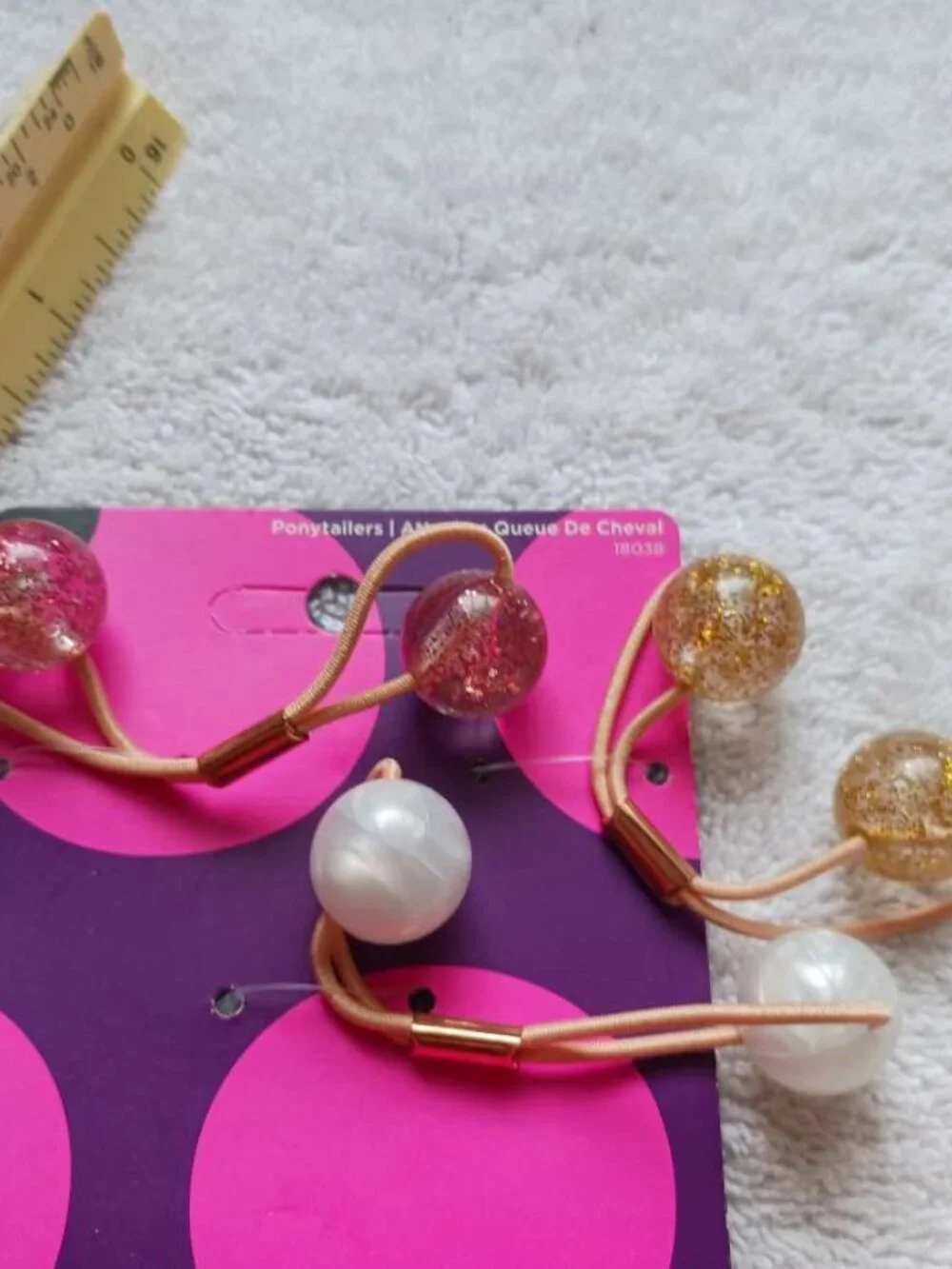3 Goody Ouchless Twin Bead Ponytailer Elastic Hair Bands Pink Gold Glitter Pearl